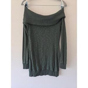 Green Ville Sage Green Off Shoulder Sweater Slouchy Boho Knit Top (M)
